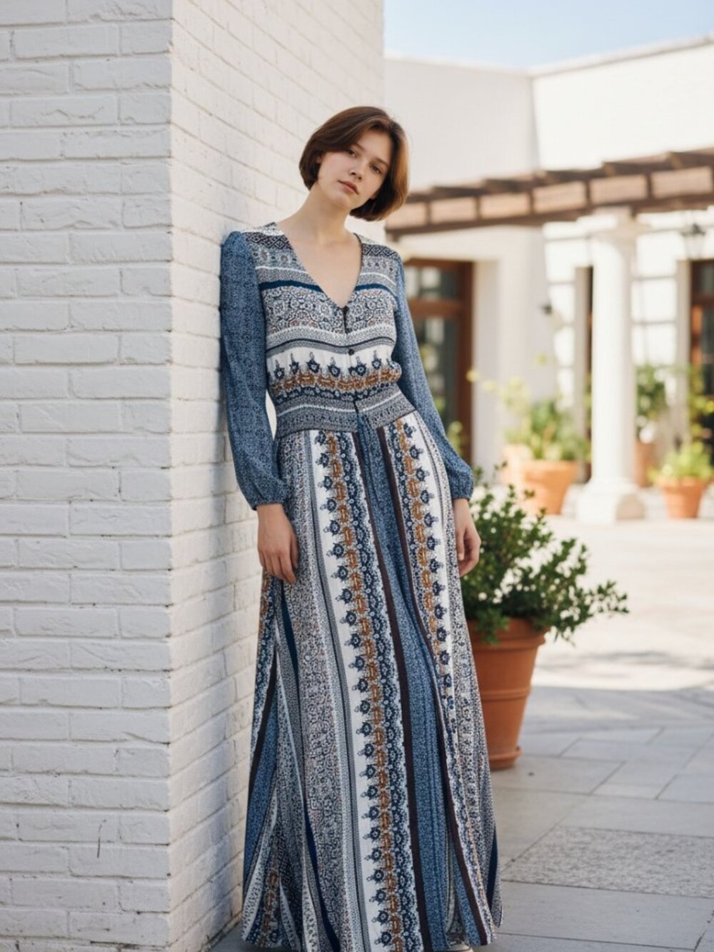 Summer Printed V-Neck, 3-Button Maxi/Beach Dress with Sleeves - Picture 3 of 3
